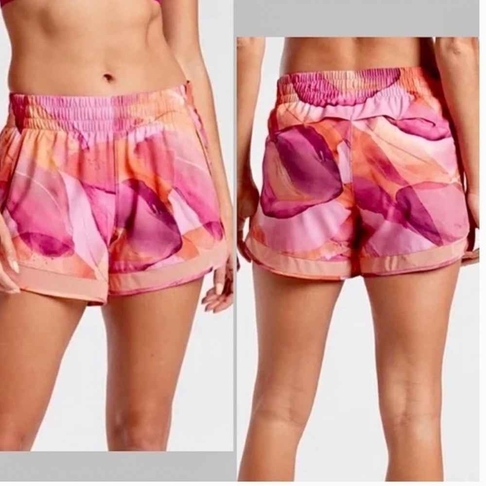 Athleta printed mesh racer run short women’s small pink orange EUC